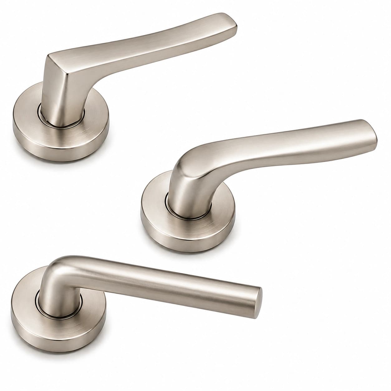 Kalos Ergonomic Brushed Nickel Door Lever – Modern Round Rose