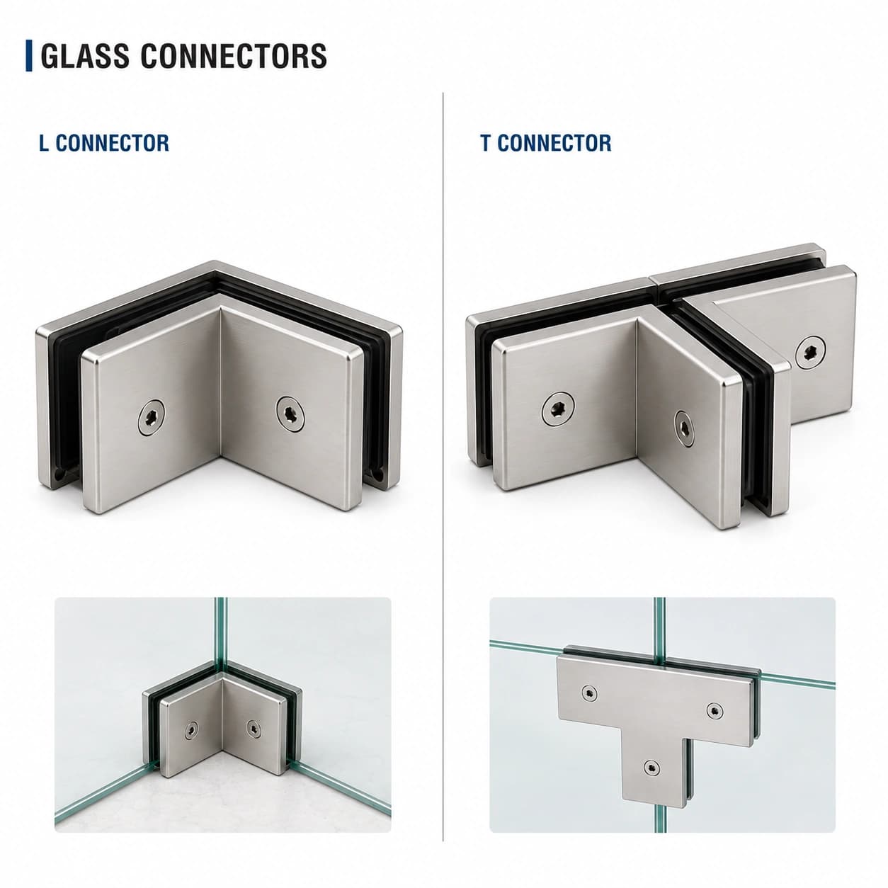 Stainless Steel Glass Connectors – L Connector & T Connector