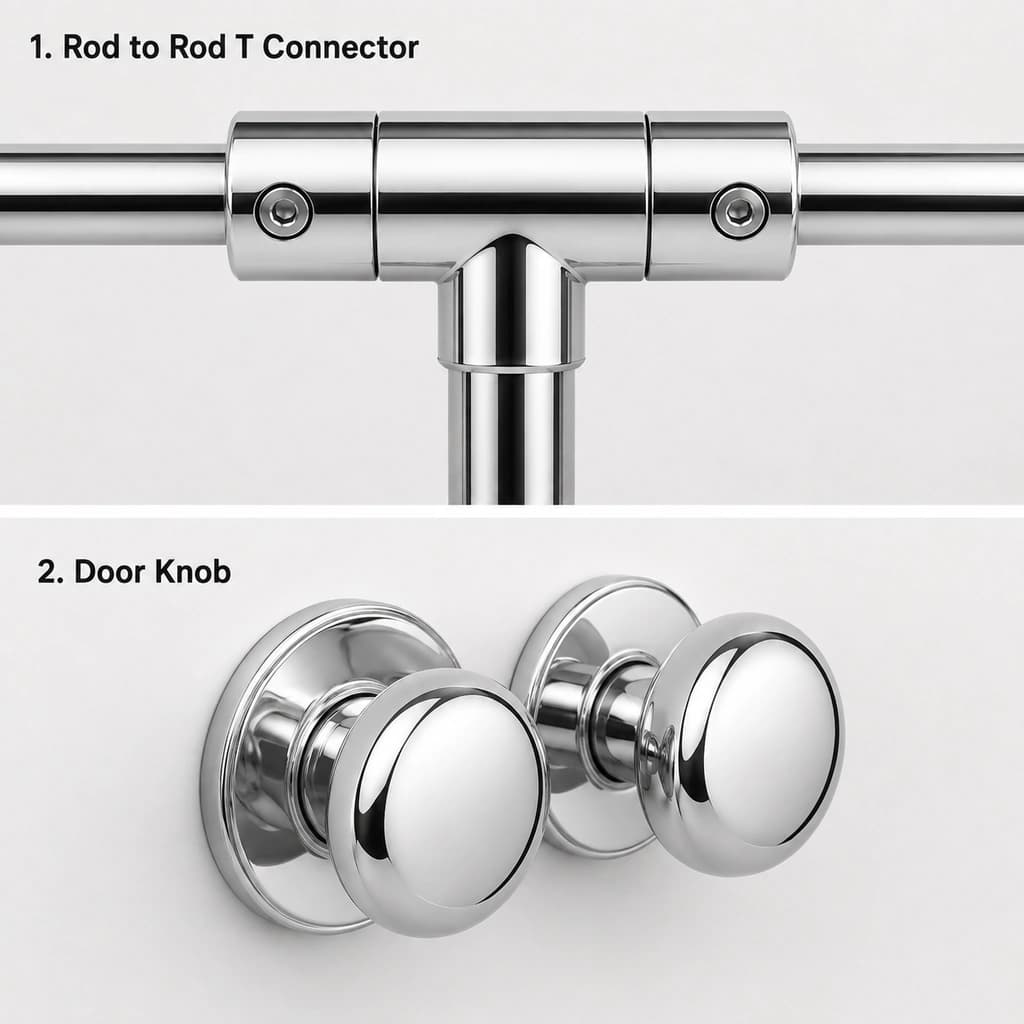 Chrome Shower Rod T Connector & Decorative Door Knob
